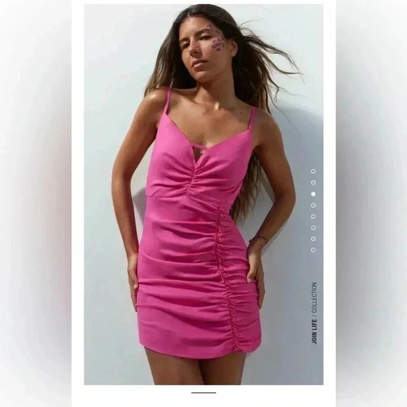 NWOT ZARA DRAPED BEADED LINEN BLEND DRESS BLOGGERS FAV Barbie Pink  m - Picture 1 of 9